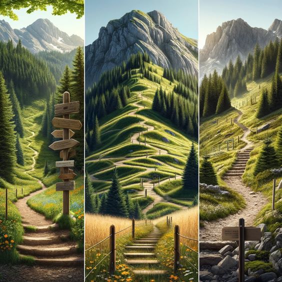 Images of mountains and pathways.